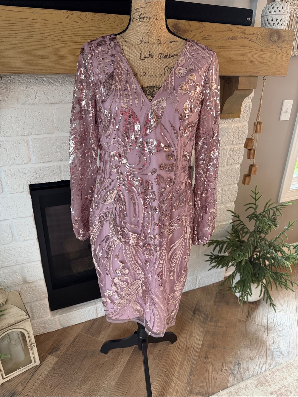 Adrianna Papell Lavender Sequin Long Sleeve V-Neck Dress
